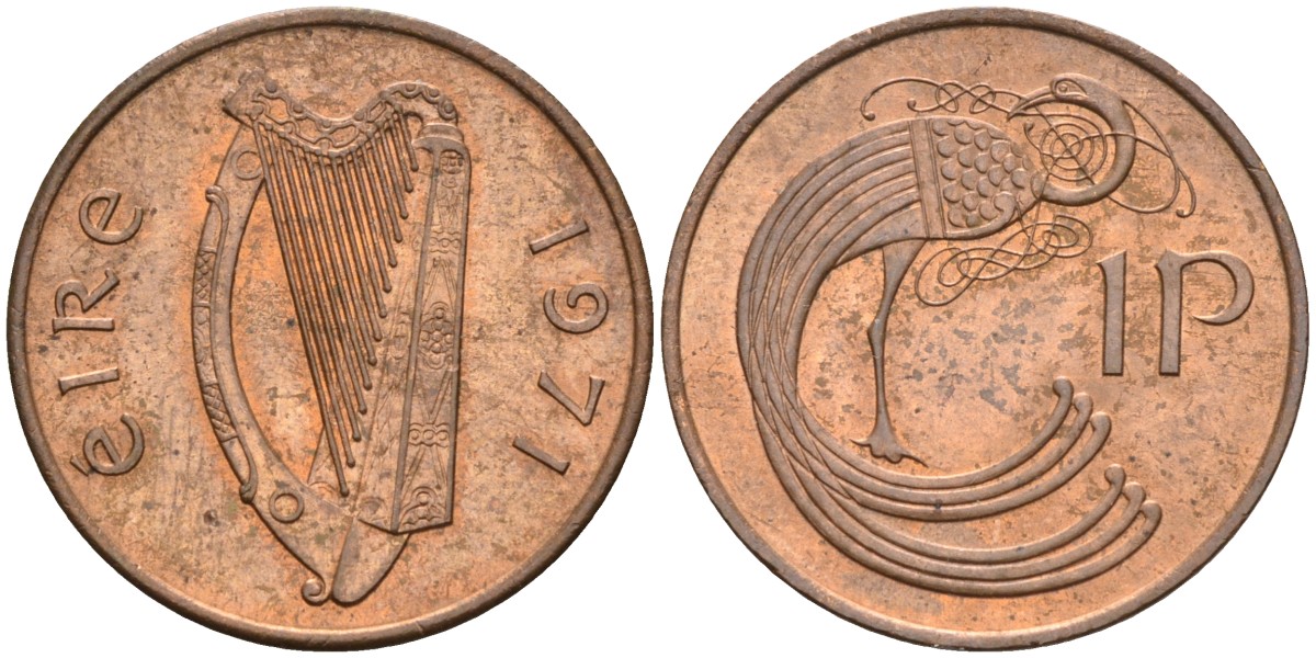 Ирландия 1 пенни 1971 мифологическая птица лира KM 20 бронза UNC 4582-126
