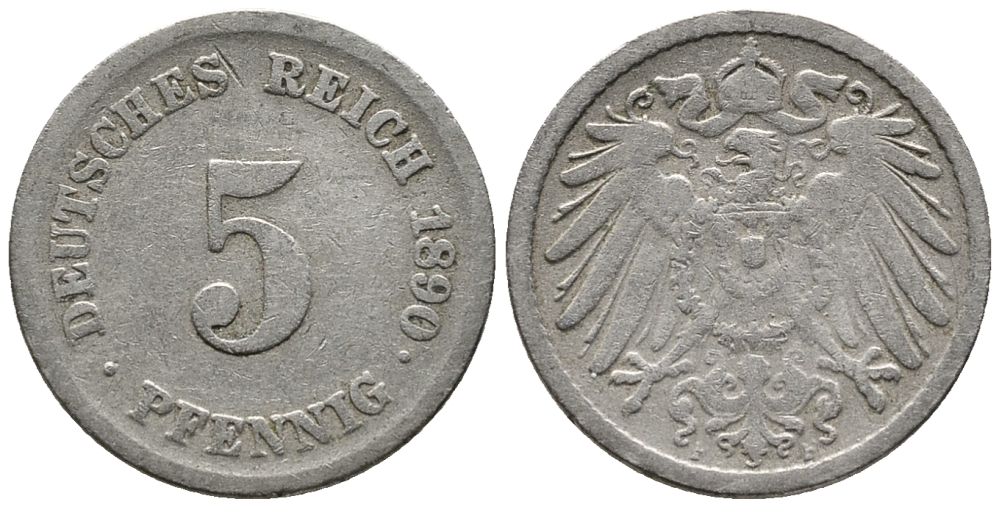 ГЕРМАНИЯ 5 ПФЕННИГОВ 1890 F KM 11, J. 12 медно-никель 39-635
