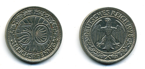 Германия 50 рейхспфеннигов 1928 A KM 49, J.324 никель 58-433