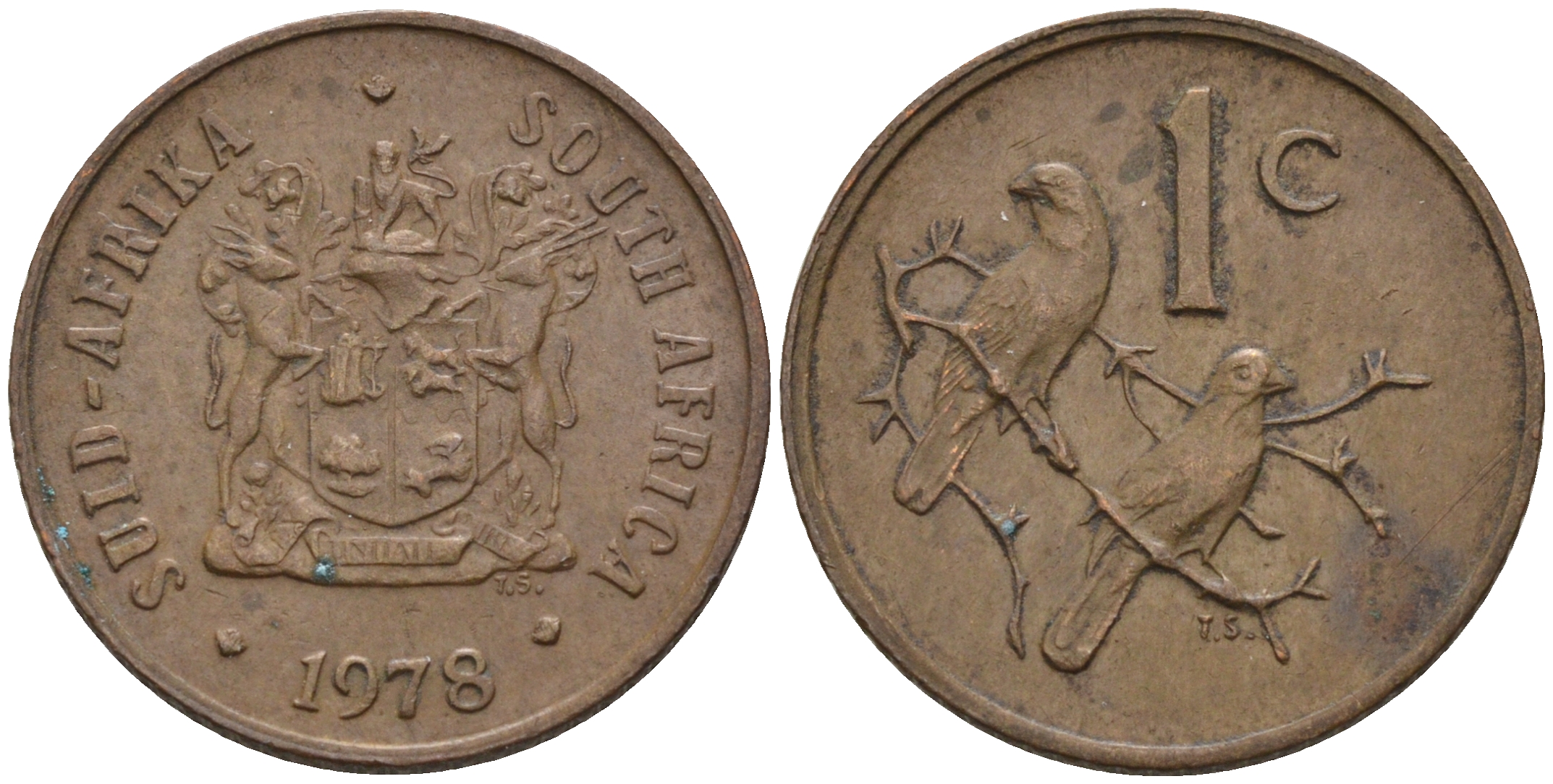 ЮАР 1 ЦЕНТ 1978 ГЕРБ, КАПСКИЕ ВОРОБЬИ KM 82 бронза 4588-1259