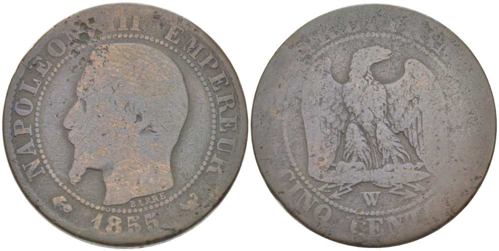 ФРАНЦИЯ 5 САНТИМОВ 1855 W, НАПОЛЕОН III (1852-1870) KM 777.7, LE FRANC 116.28 бронза 217-214