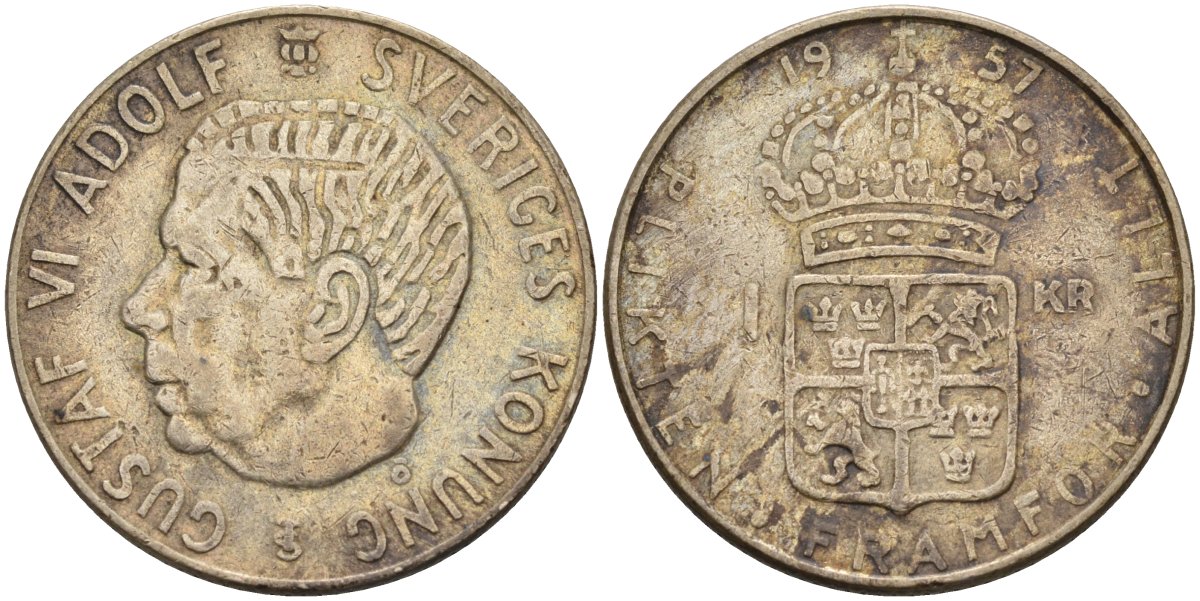 Швеция 1 крона 1957 TS, Густав VI Адольф (1950-1973) KM 826 серебро 179-853