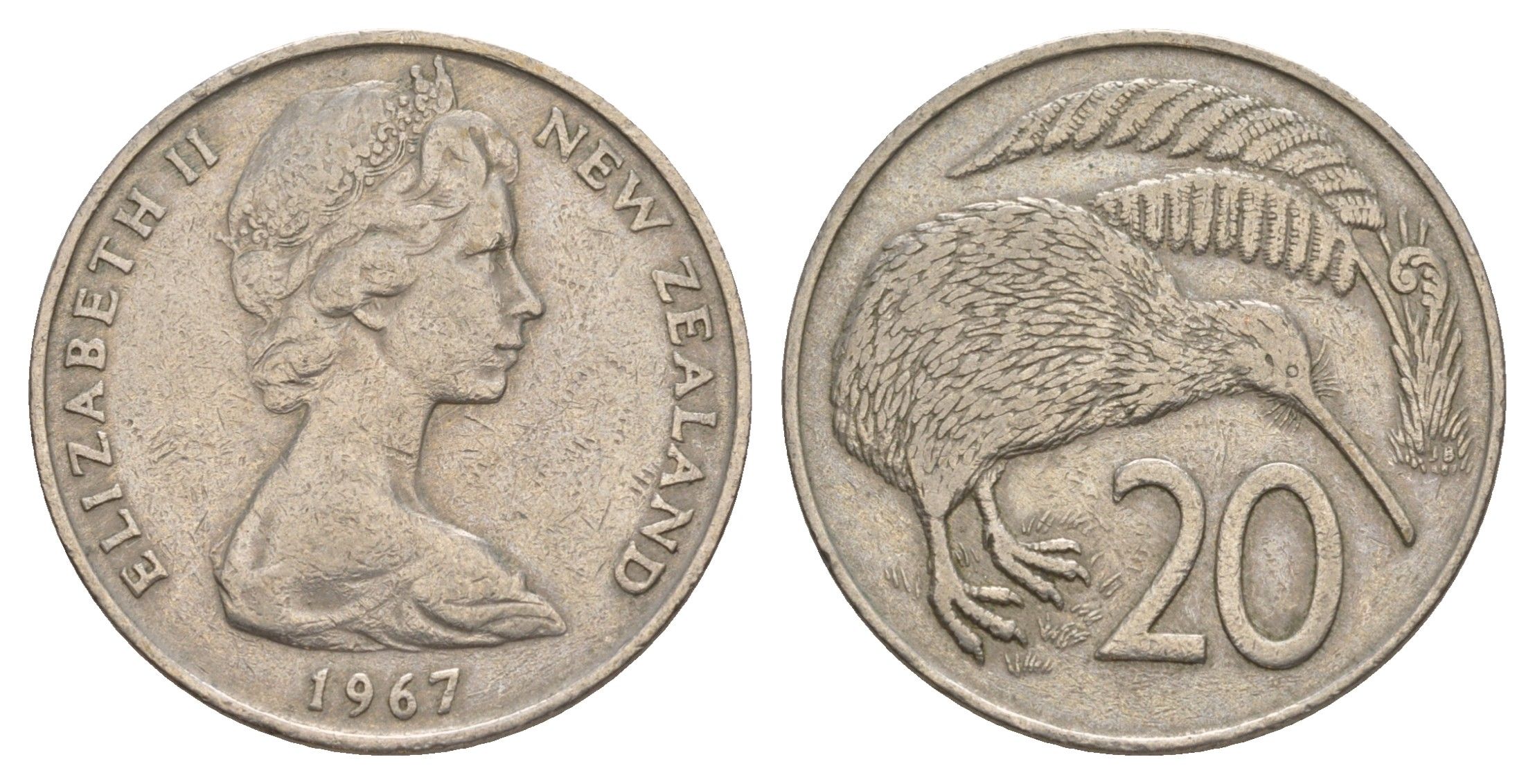 Новая Зеландия 20 центов 1967 Елизавета II (1952-2022), птичка киви KM 36.1 медно-никель 4182-651