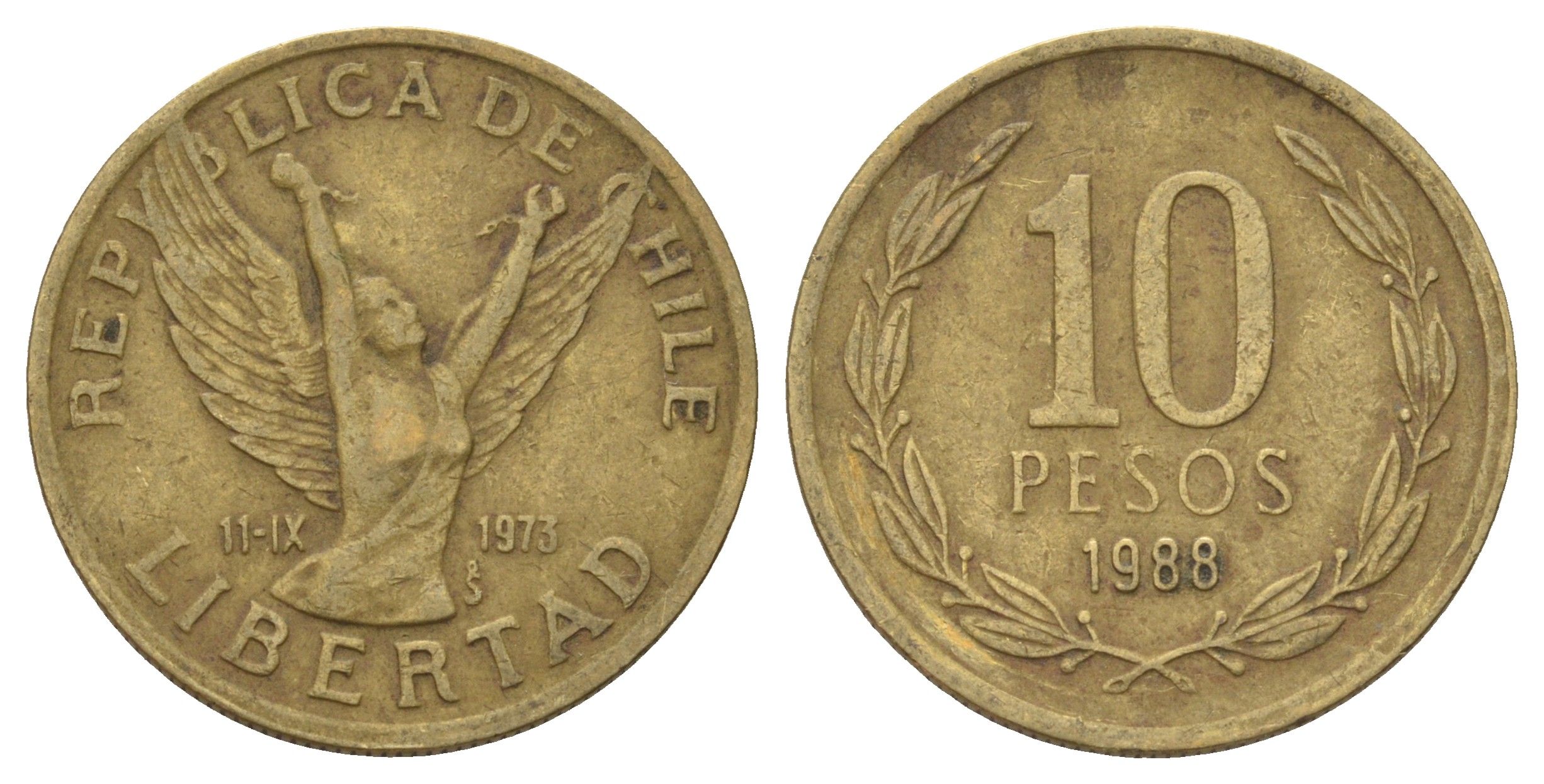 Чили 10 песо 1988 KM 218 латунь 4155-136