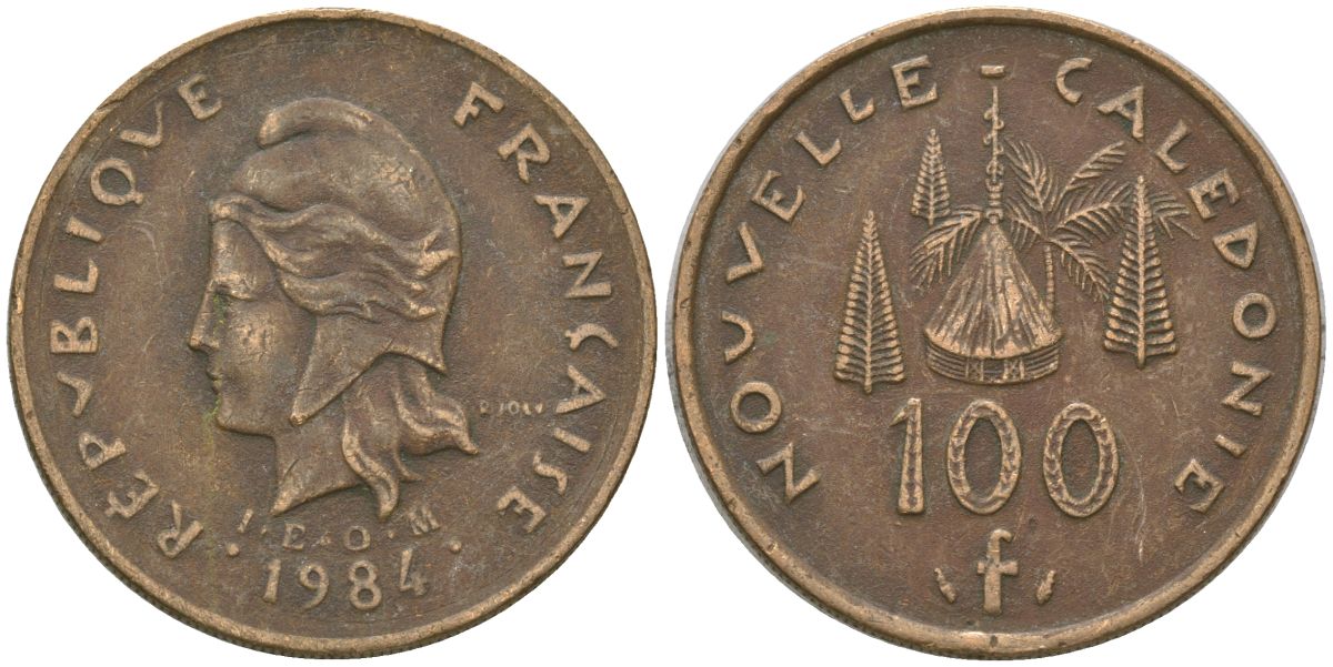Французская Новая Каледония 100 франков 1984 хижина среди сосен и пальм, (IEOM) KM 15, Schoen 16, Lec 134 никель латунь 4137-813
