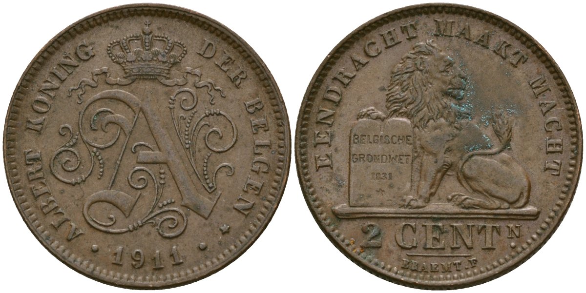 Бельгия 2 сантима 1911 Belgen KM 65 медь 4135-953