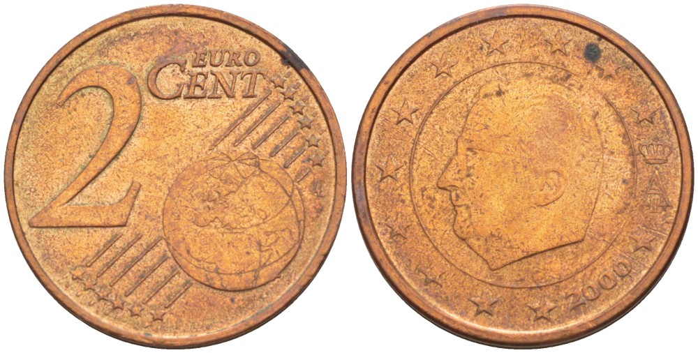БЕЛЬГИЯ 2 ЕВРОЦЕНТА 2000 АЛЬБЕРТ II KM 225 сталь плакированная медью 46-246