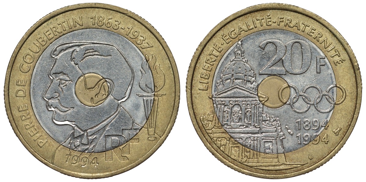 Франция 20 франков 1994 100 лет международному Олимпийскому комитету, Пьер Кубертен KM 1036, Le Franc 405.2 триметалл 4123-724
