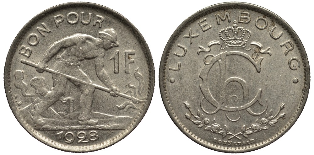 ЛЮКСЕМБУРГ 1 ФРАНК 1928 СТАЛЕВАР, ДИАМЕТР 22,8 ММ., ВЕЛИКАЯ ГЕРЦОГИНЯ ШАРЛОТТА (1919-1964) KM 35 никель 4538-911