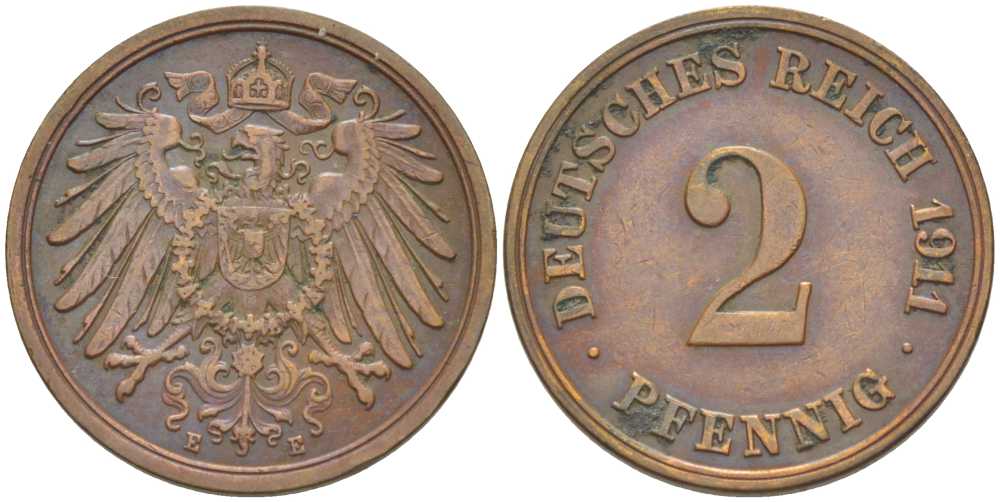 ГЕРМАНИЯ 2 ПФЕННИГА 1911 E KM 16, J. 11, Weege 4 медь 206-562