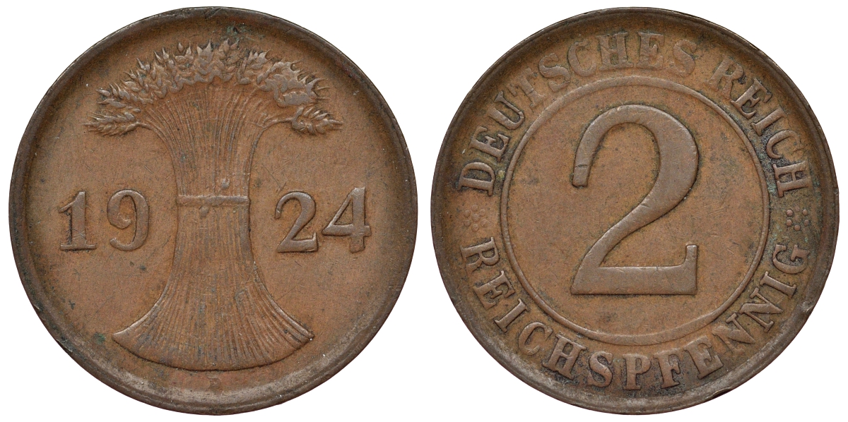 Германия 2 рейхспфеннига 1924 D KM 38, J. 314, Weege 4 бронза 4121-553