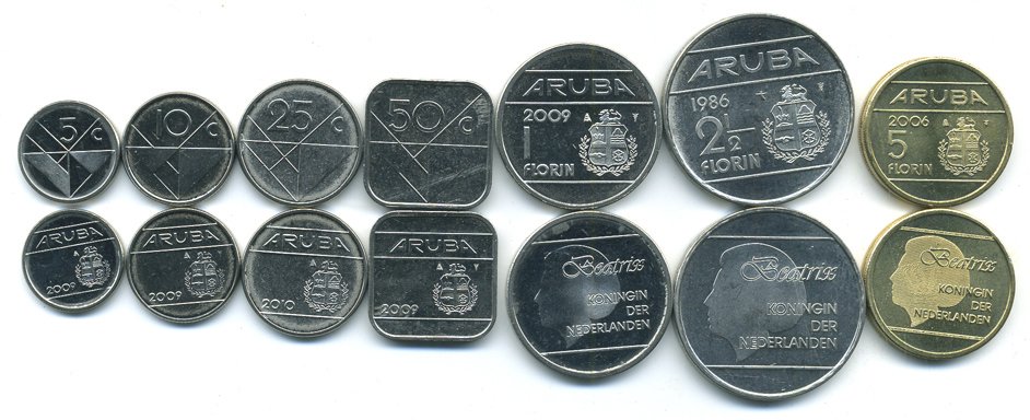 Аруба лот из 7 монет 1986-2010 5, 10, 25, 50 центов, 1, 2 1/2, 5 флоринов KM 1, 2, 3, 4, 5, 6, 38 UNC N2-38