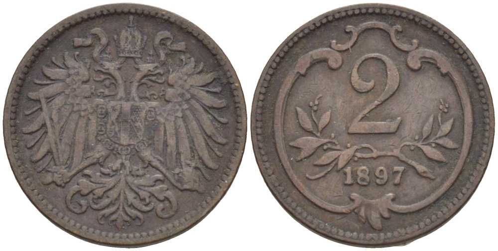АВСТРИЯ 2 ГЕЛЛЕРА 1897 ФРАНЦ ИОСИФ (1846-1918) KM 2801 бронза 201-949