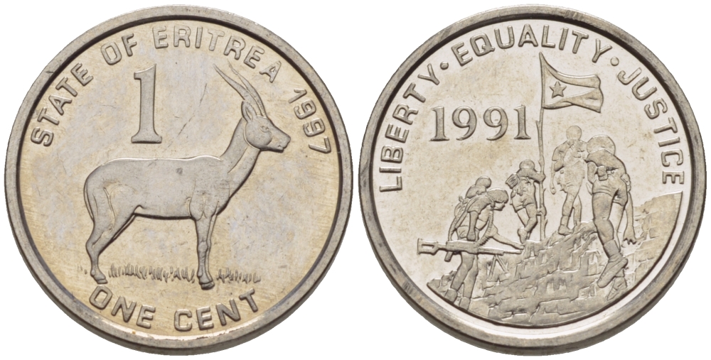 Эритрея 1 цент 1997 краснолобая антилопа KM 43 сталь плакированная никелем UNC 66-743
