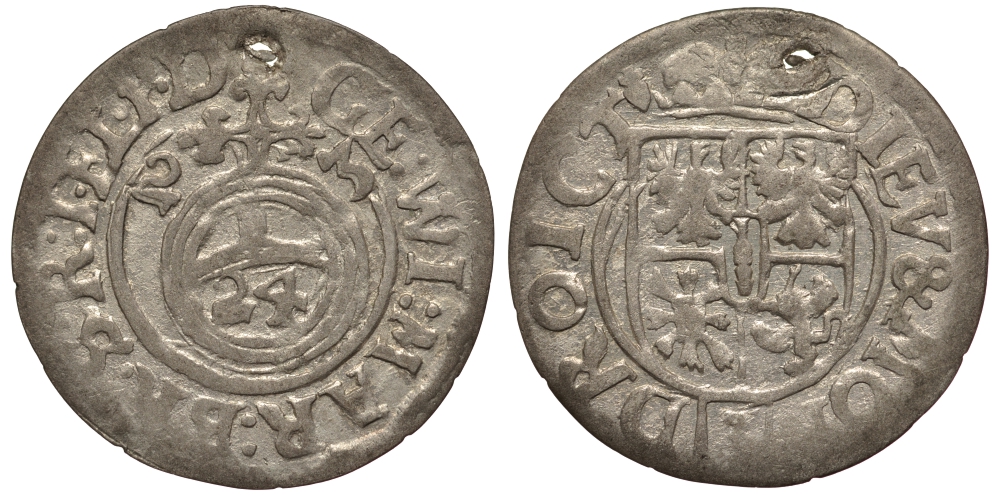 Бранденбург-Пруссия 1/24 талера 1623 Георг Вильгельм (1619-1640), вес 0,98 гр., С ОТВЕРСТИЕМ KM 106 серебро 1516-143