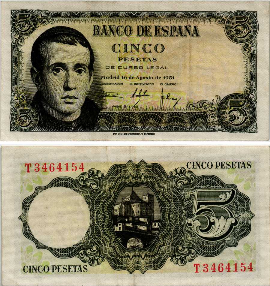 ИСПАНИЯ 5 ПЕСЕТ 1951 16 АВГУСТА 1951, ХАЙМЕ БАЛЬМЕС Pick 140а бумага 6281-32-2-2