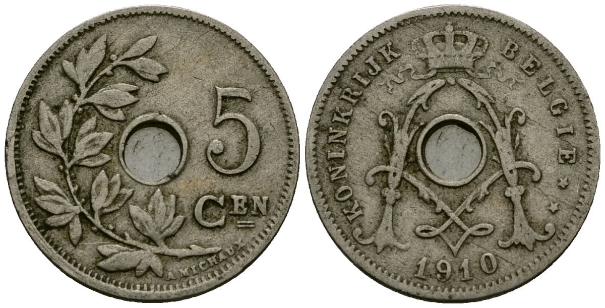 Бельгия 5 сантимов 1910 Belgie KM 67 медно-никель 4173-166