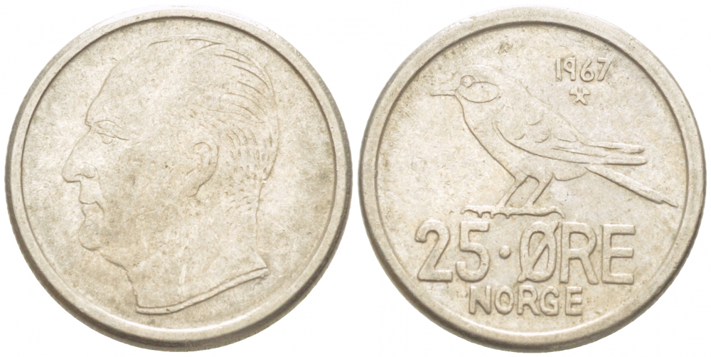 Норвегия 25 эре 1967 Улаф V (1958-1991), синица KM 407 медно-никель 3955-255