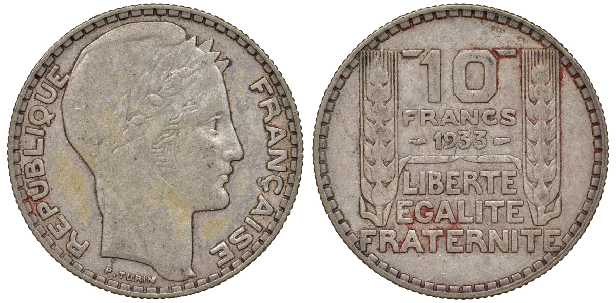Франция 10 франков 1933 Пьер Тюрен KM 878, Le Franc 360.6 серебро 62-723