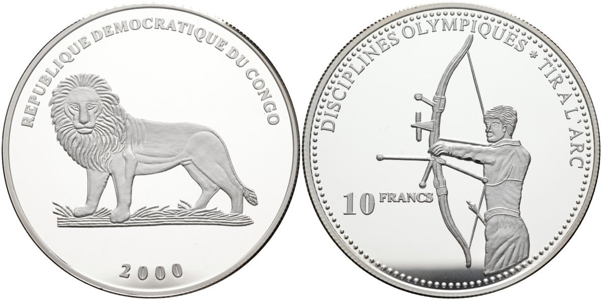 Конго 10 франков 2000 олимпийские дисциплины, стрельба из лука KM 51 серебро PROOF 04-319-11