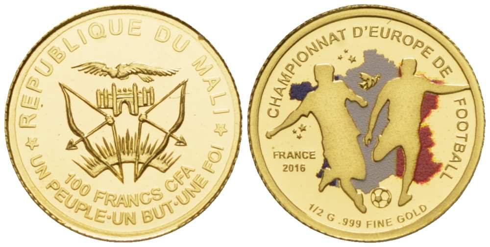 Мали 100 франков 2016 Чемпионат Европы по футболу во Франции, эмаль KM NEW золото PROOF 00-820-14