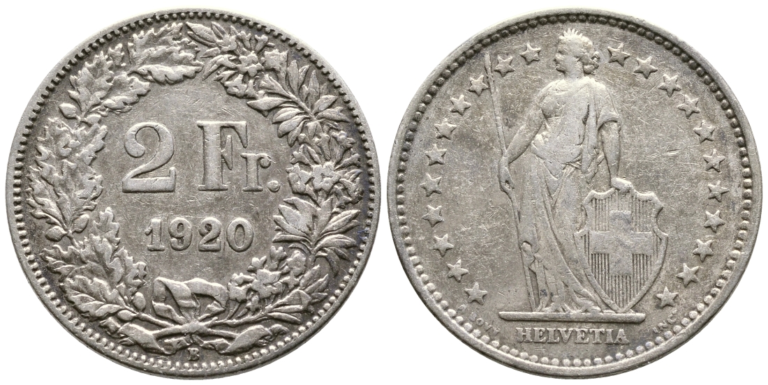 Швейцария 2 франка 1920 В KM 21 серебро 4379-1213