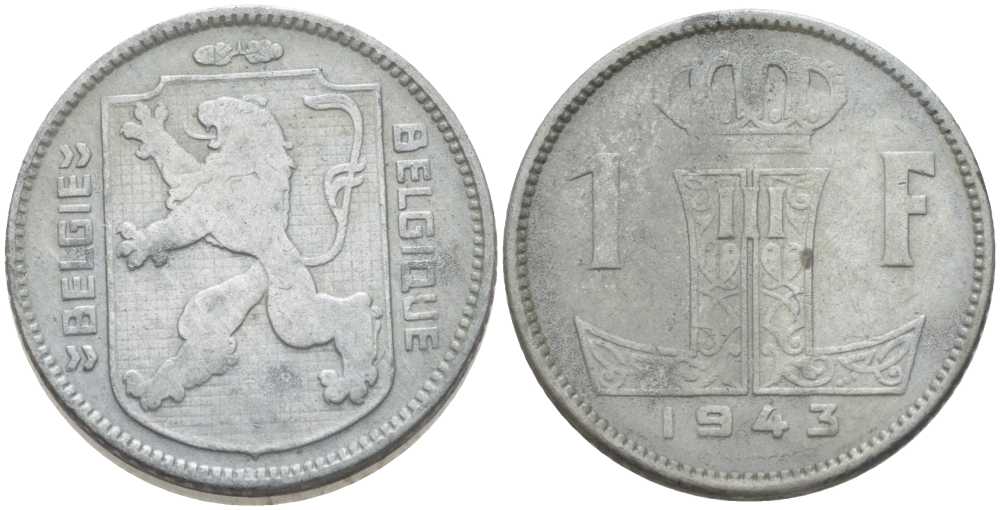 БЕЛЬГИЯ 1 ФРАНК 1943 BELGIE-BELGIQUE, ЛЕОПОЛЬД II (1934-1950), ГЕРМАНСКАЯ ОККУПАЦИЯ, ВТОРАЯ МИРОВАЯ ВОЙНА, В ЛАКЕ KM 128 цинк 202-934