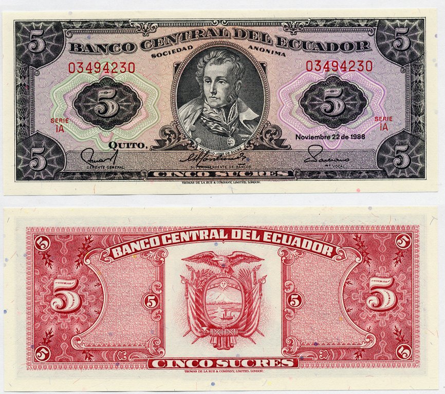 ЭКВАДОР 5 СУКРЕ 1988 Pick 113d бумага UNC (ПРЕСС) 6352-1-2