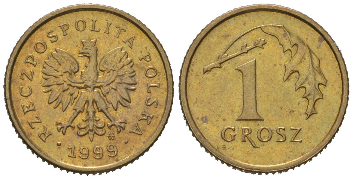 Польша 1 грош 1999 MW KM 276, Parchimowicz 701h латунь UNC 4567-438