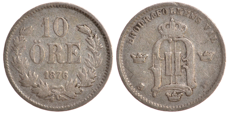 Швеция 10 эре 1876 Оскар II (1872-1907) король Швеции и Норвегии KM 737 серебро 4179-513