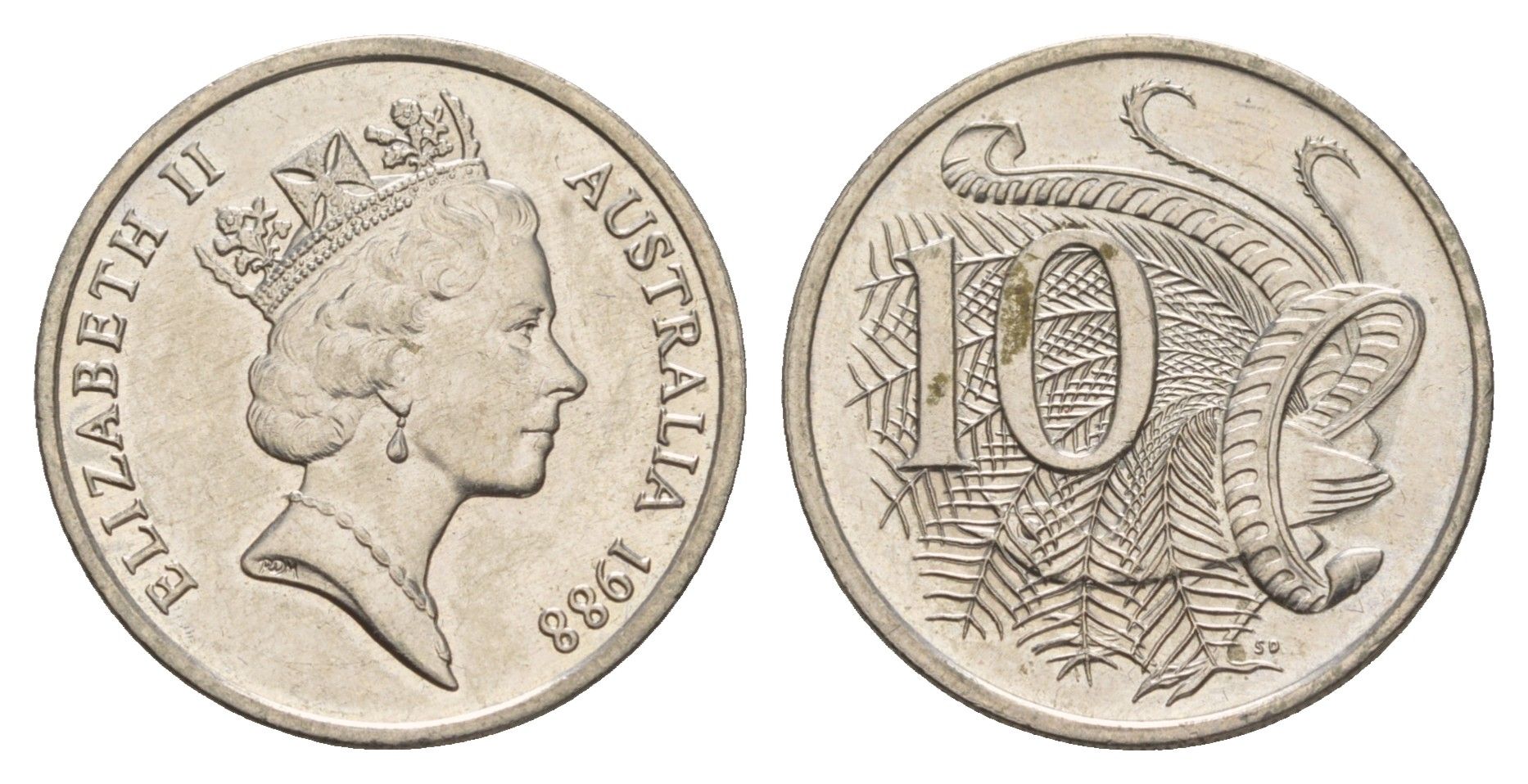 Австралия 10 центов 1988 Елизавета II (1952-2022), птица лирахвост KM 81 медно-никель UNC 4657-153