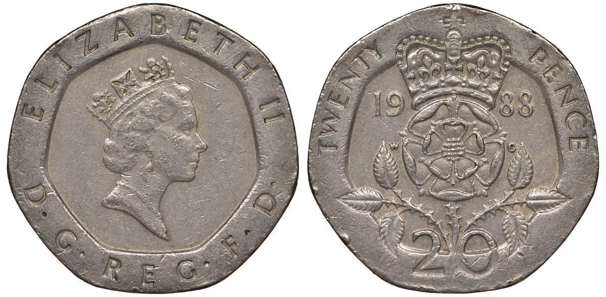 Великобритания 20 пенсов 1988 Елизавета II (1952-2022) KM 939, Spink 4361 (G2) медно-никель 4122-1116