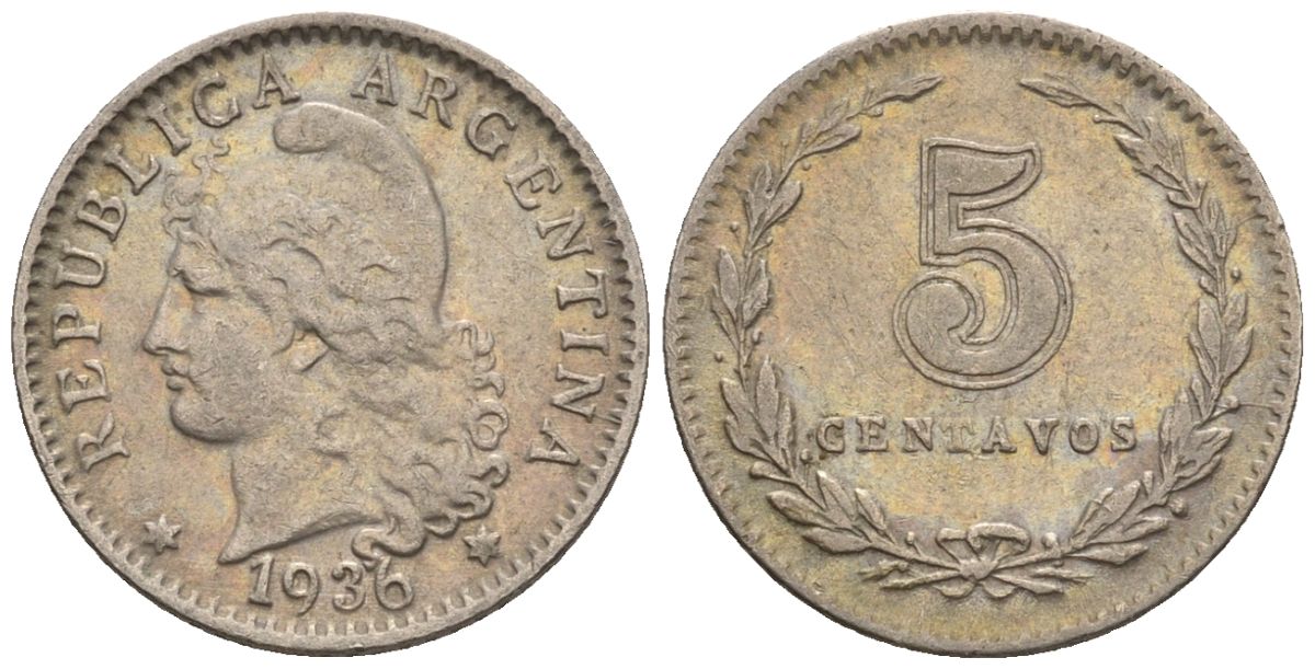 Аргентина 5 сентаво 1936 голова свободы влево KM 34, CJ 166, Schon 37 медно-никель    4609-1128