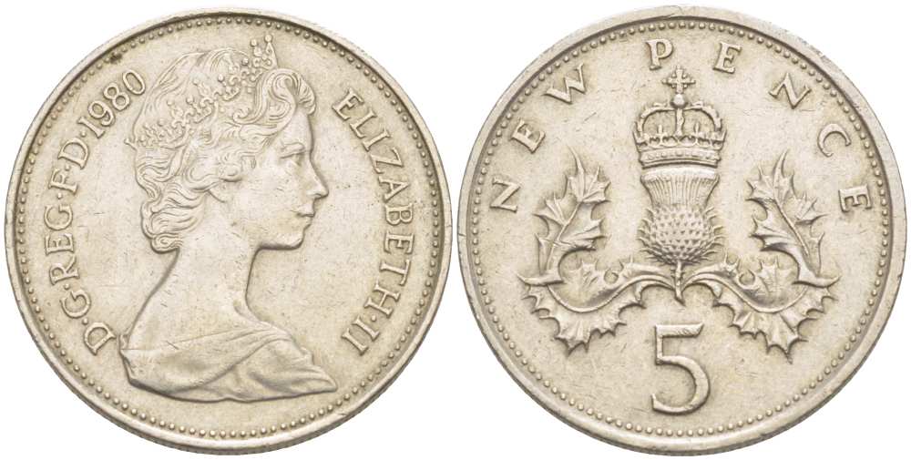 Великобритания 5 пенсов 1980 Елизавета II (1952-2022) KM 911, Spink 4233 (D1) медно-никель 217-944
