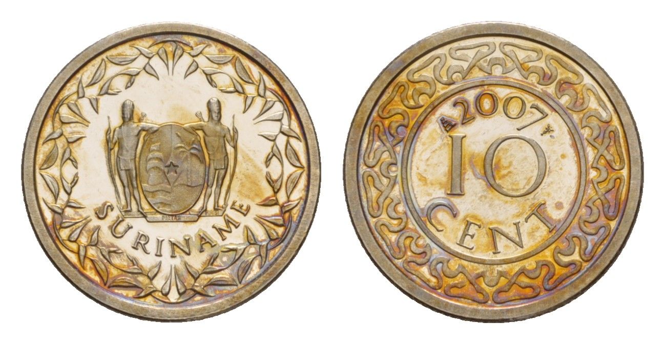Суринам 10 центов 2007 тираж 1000 экземпляров KM 13a медно-никель BU 4649-1017