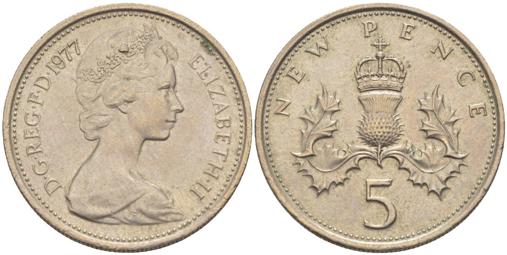Великобритания 5 пенсов 1977 Елизавета II (1952-2022) KM 911, Spink 4233 (D1) медно-никель 83-715