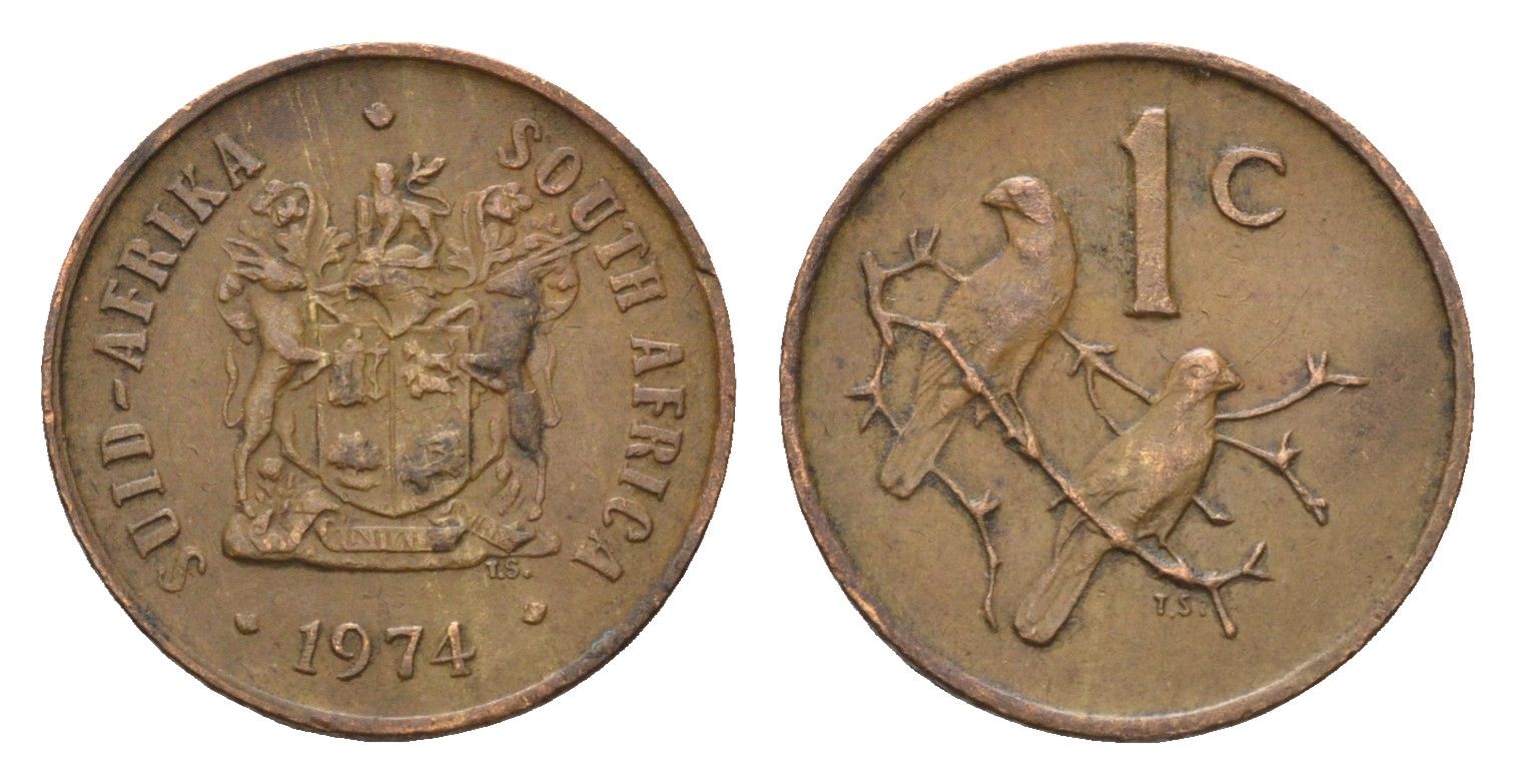 ЮАР 1 цент 1974 герб, капские воробьи KM 82 бронза 4687-113