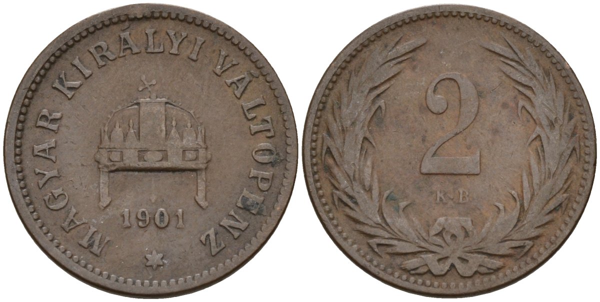 Венгрия 2 филлера 1901 KB, Франц Иосиф I (1848-1916) KM 481 бронза 4151-942