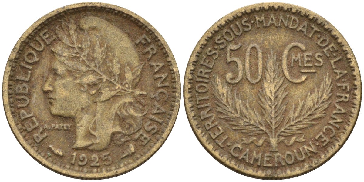 Французский Камерун 50 сантимов 1925 (а), монетный двор Париж KM 1 алюминиевая бронза 4164-1212