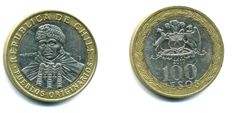 Чили 100 песо 2010 индейцы Мапуче KM 236 биметалл 41-623