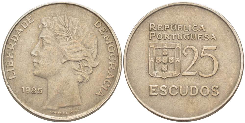 Португалия 25 эскудо 1985 KM 607а медно-никель 4521-1236