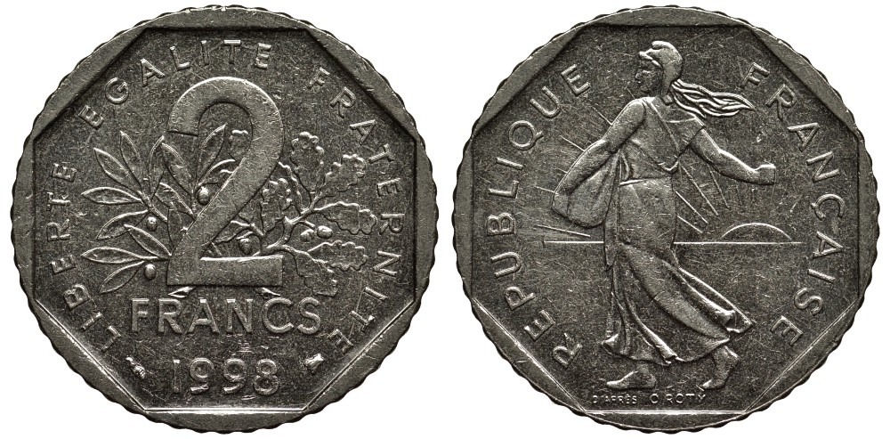 Франция 2 франка 1998 сеятель, тираж 45025013 экземпляров KM 942.1 никель 3855-846