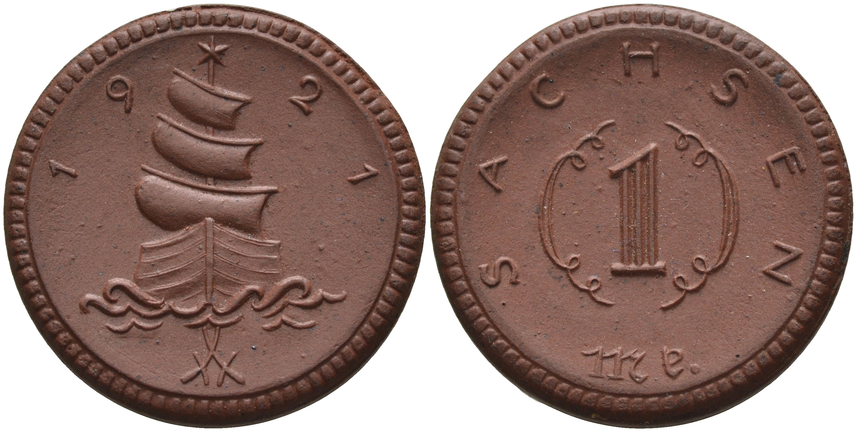 Саксония 1 марка 1921 парусник J. N 55 фарфор 1094-4-82