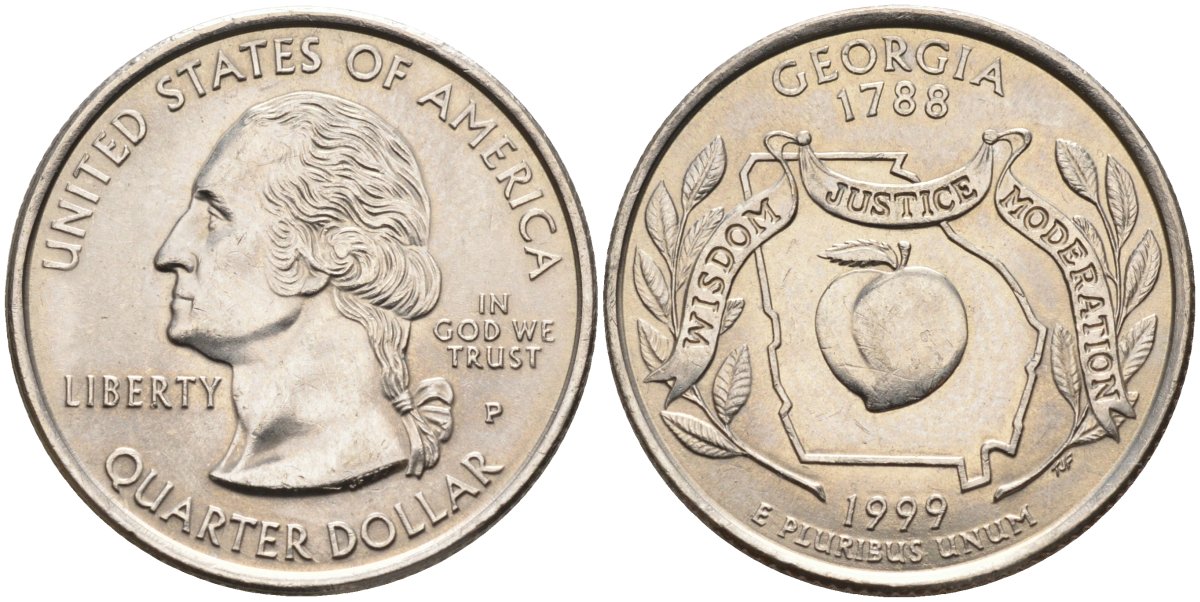 США 25 центов = квотер 1999 Р, серия штаты США, Джорджия KM 296 медь плакированная медно-никелем 4586-113