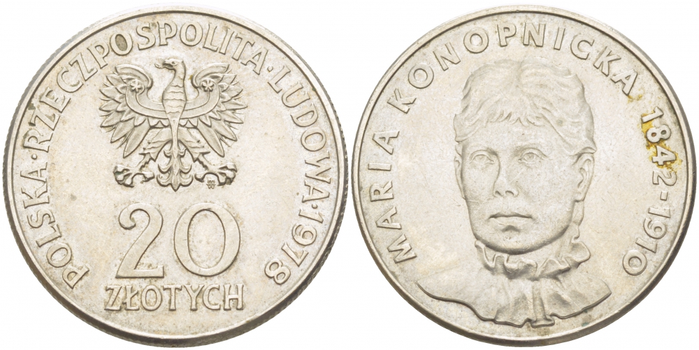 Польша 20 злотых 1978 MW, Портрет Марии Конопницкой (1842-1910) KM 95 медно-никель 4403-624