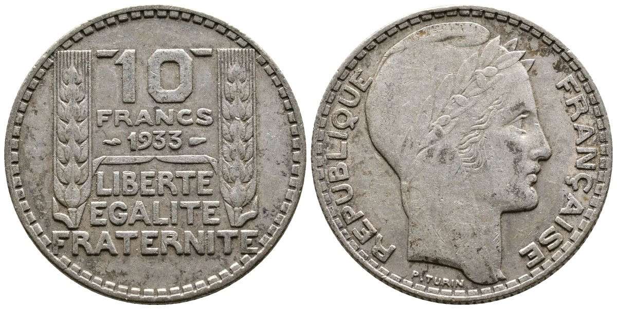 Франция 10 франков 1933 Пьер Тюрен KM 878, Le Franc 360.6 серебро 63-645