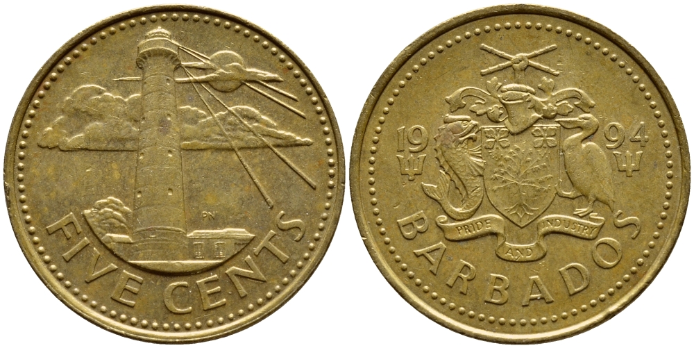 Барбадос 5 центов 1994 маяк Саут-Пойнт KM 11 латунь 4398-544