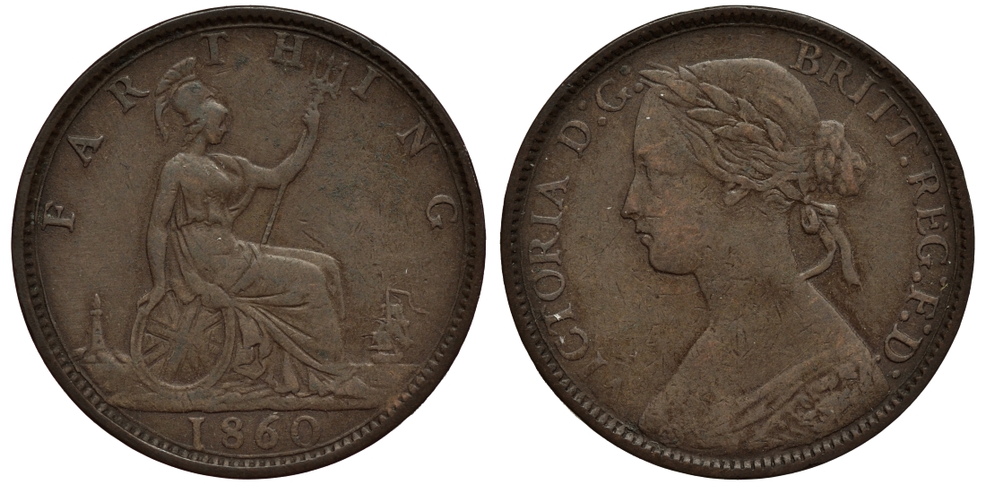 Великобритания 1 фартинг 1860 Виктория (1837-1901), зубчатая кайма KM 747.2, Spink 3958 бронза 4114-734