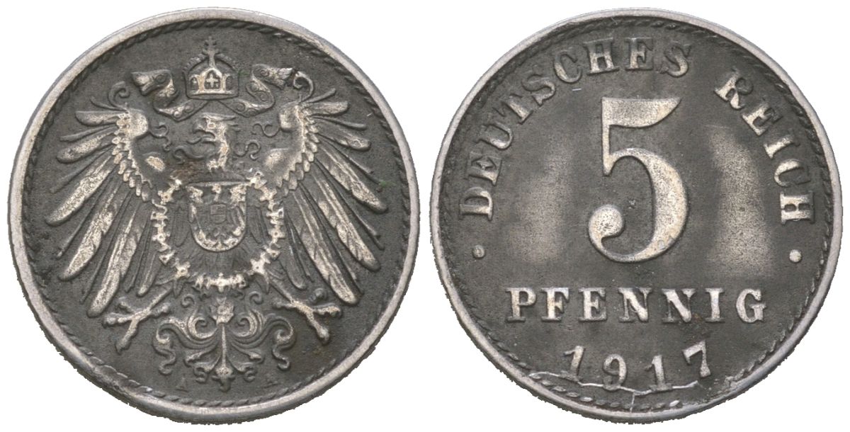 Германия 5 пфенингов 1917 A, Вильгельм II (1888-1918) KM 19 железо плакированная никелем 4532-366