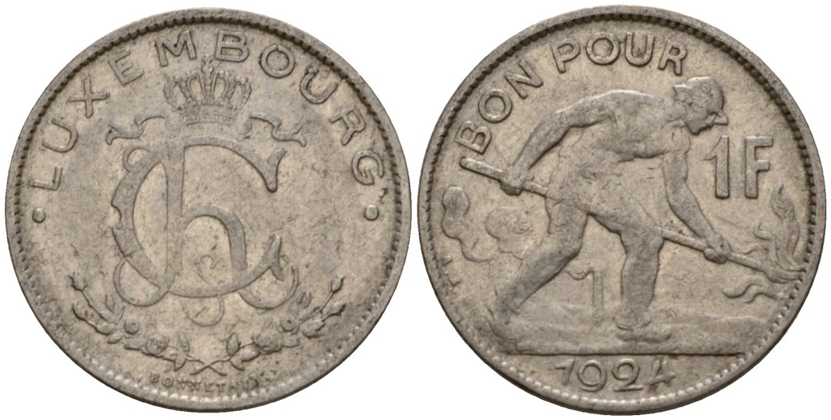 Люксембург 1 франк 1924 сталевар, Шарлотта (1918-1964) KM 35 никель 4603-1046
